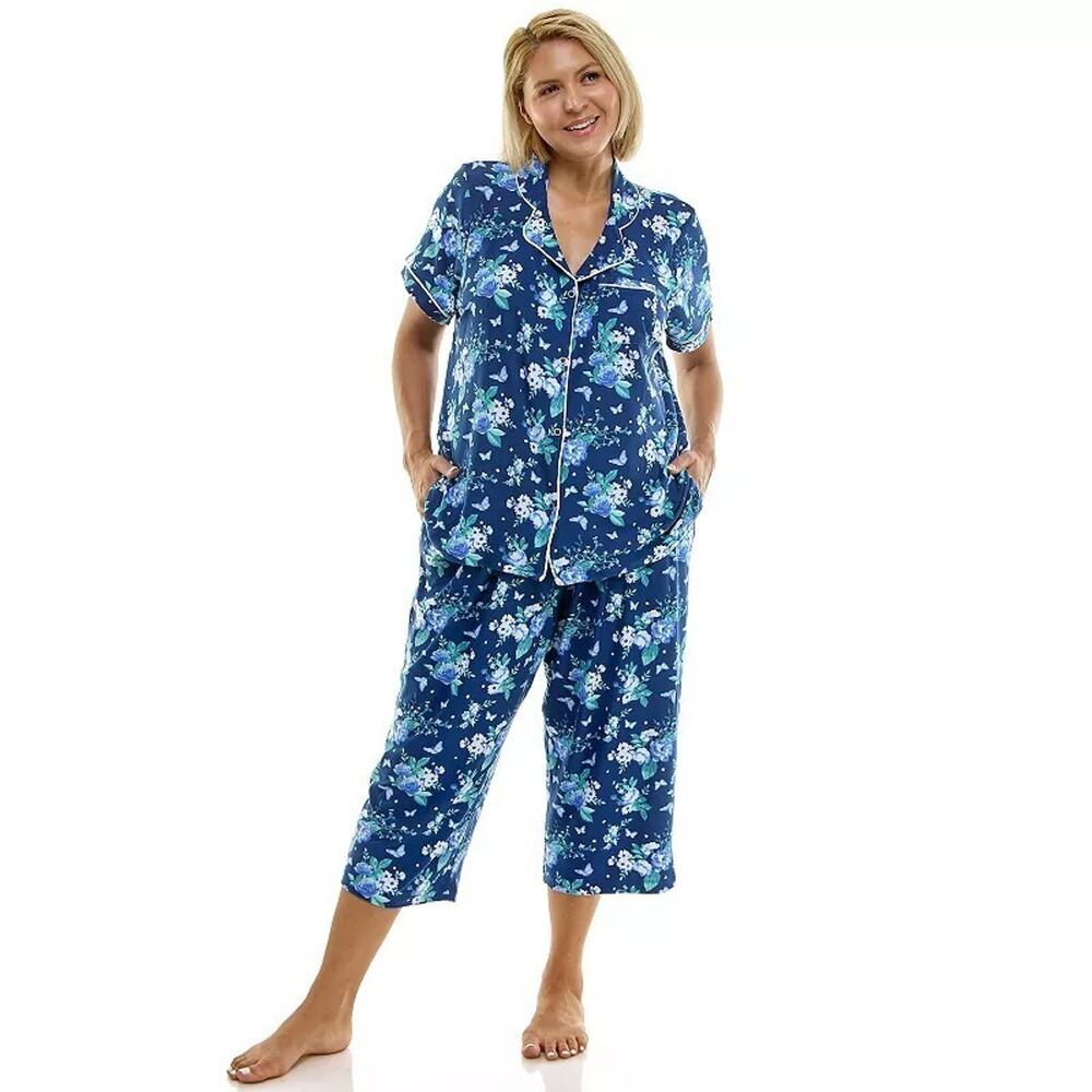 Croft Barrow 4X Pajamas Navy Blue Floral Crop Capri Pant Collar Button-Up Pocket